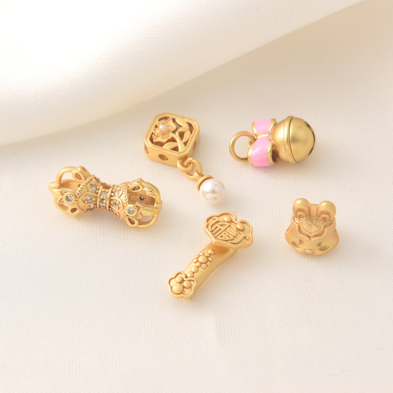 18K哑金微镶秋菊吊坠手工diy通孔兔头如意隔珠金刚杵配饰铃铛吊饰