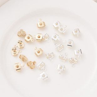 14K包金带吊环耳塞手工diy耳饰配件耳针耳堵头银色耳背首饰材料