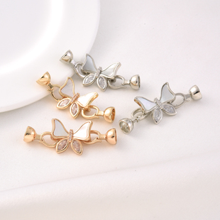 14K包金微镶白贝蝴蝶可打开珍珠扣手工diy项链收尾白金色连接扣头