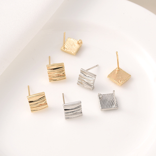 14K包金保色方形带吊耳针手工diy耳饰配件防过敏纯银耳针耳环材料