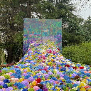 紫色油画户外花海DP点售楼部婚礼花艺瀑布装 饰莫奈花园网红打卡点