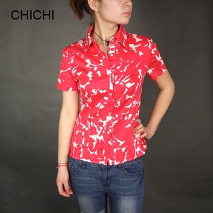 打板样衣 夏装 珂曼 纯棉衬衣 衬衫 女装 红色碎花短袖 9.9清仓特价