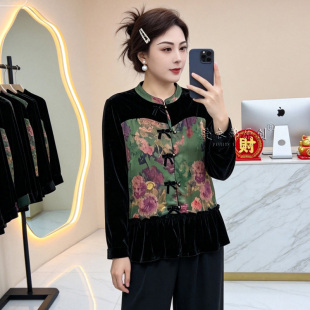 新中式妈妈装拼接印花立领盘扣丝绒上衣宽松显瘦遮肉中老年女装