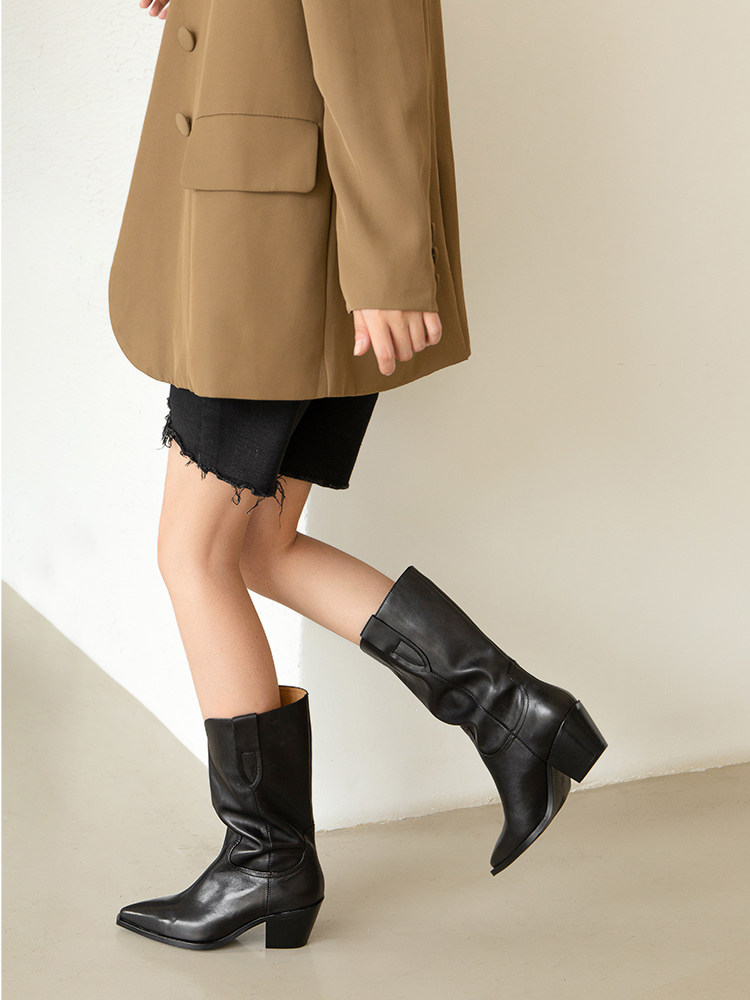 [3인] 브이마우스 웨스턴부츠 카우보이부츠 슬림미드종아리부츠 천연가죽 두꺼운 굽 나이트부츠 포인티드토 여성부츠