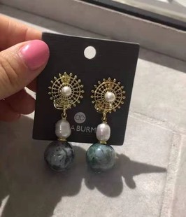 西班牙小众DADA BURMA优雅气质名媛金色车轮珍珠大理石纹吊坠耳夹