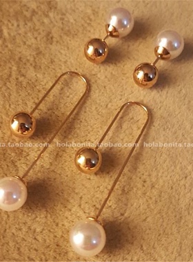 西班牙小众波西米亚金属球8mm极光澳白色珍珠耳钉耳环 闺蜜礼物