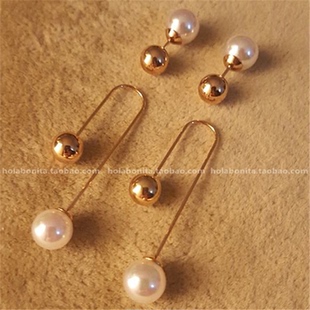 西班牙小众波西米亚金属球8mm极光澳白色珍珠耳钉耳环 闺蜜礼物