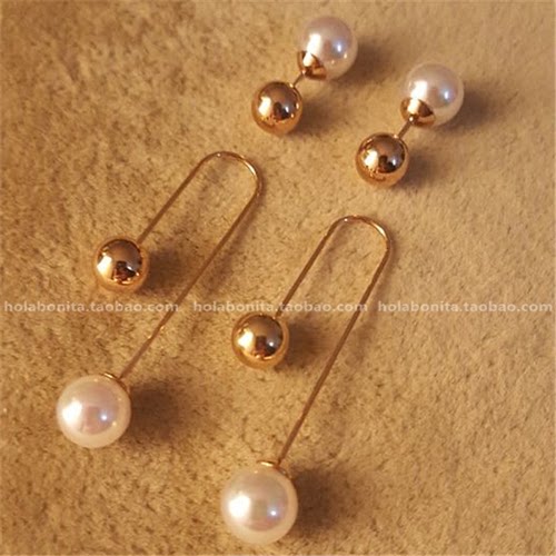西班牙小众双头金属球珍珠耳钉