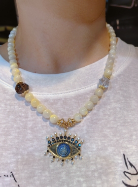 欧洲小众波西米亚古董风恶魔之眼天然奶油贝母茶晶白水晶项链