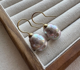 西班牙海岛风波西米亚人极光火烧云紫色巴洛克14mm珍珠吊坠耳环