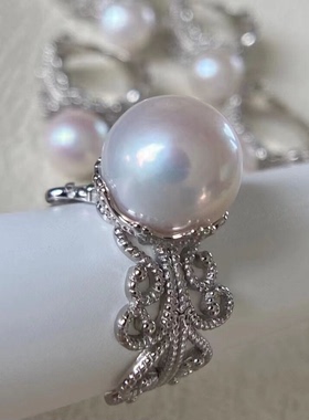 复古蕾丝银托极光琉璃珍珠戒指