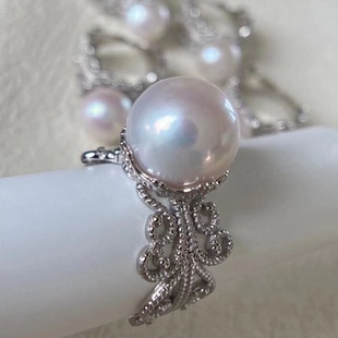 欧洲小众宫廷风复古蕾丝银托11mm极光琉璃天然珍珠戒指 澳白平替