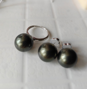 气质无敌 极光进口深海贝壳大溪地黑铂金灰大珍珠戒指耳钉耳环