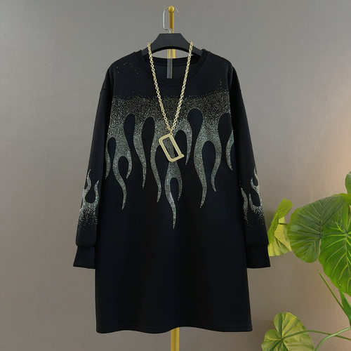 高街风烫钻火焰长袖宽松女T恤