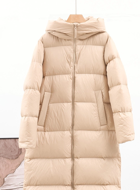 2025新款卡其色超长过膝鹅绒服女连帽加厚冬季外套73136