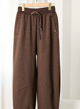咖啡色休闲裤女高腰宽松直筒束脚裤冬季保暖羊绒裤25036