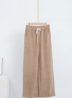杏仁色灯芯绒阔腿裤女显瘦百搭松紧腰抽绳休闲裤SS-24162C