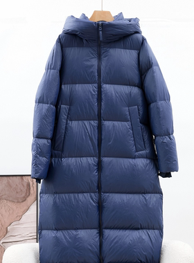 2025新款深蓝色超长过膝鹅绒服女连帽加厚冬季外套73136