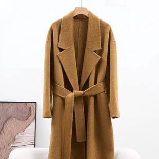 极简风双面羊毛大衣女长款 系带收腰显瘦高级感外套250879