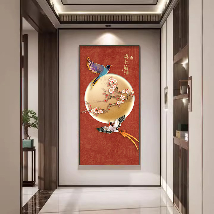 花前月下玄关画招财花鸟走廊过道装饰画寓意好竖版新中式客厅壁画