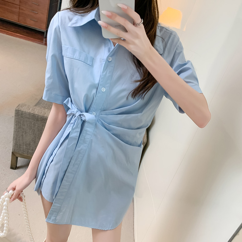 Real shot niche Design Hong Kong style blue shirt skirt side tie waist fold slim dress summer