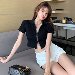 Real shot ins Xinji top design sense zipper high waist open navel short Korean slim fit T-shirt sweet cool