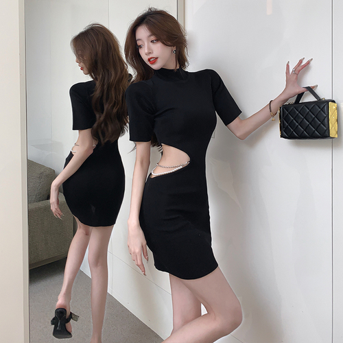 Real shot sexy hot girl waist open knit dress French style niche slim temperament hip wrapped small black skirt woman