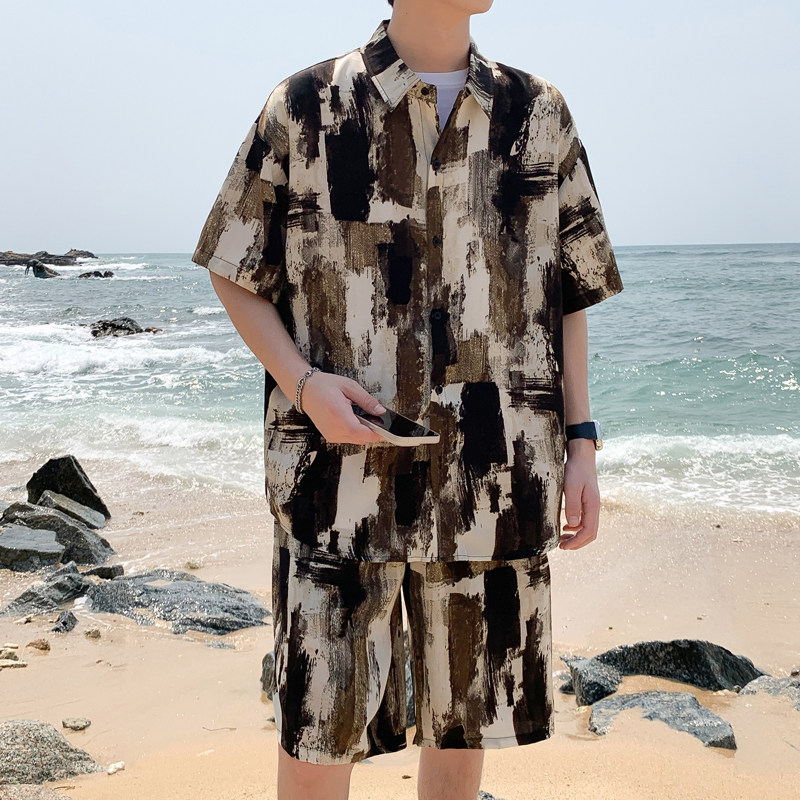 短袖衬衫夏季潮流ins泼墨上衣服两件套休闲宽松男装DZ509-P65,男装T恤,星座503-3（原B356）