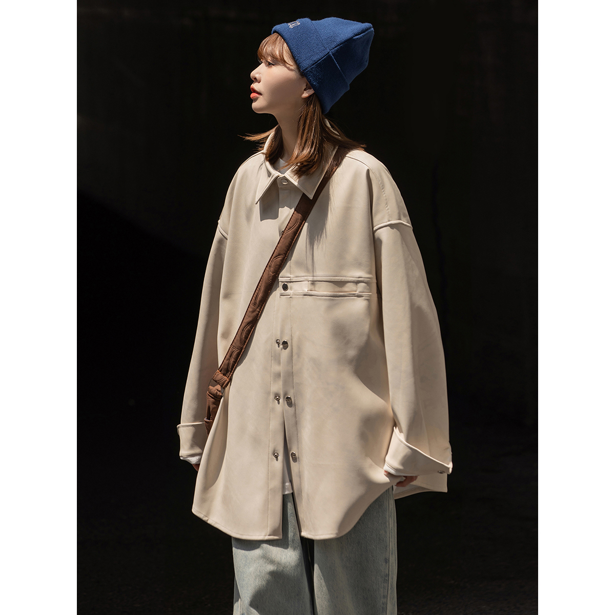 New 23 year autumn outfit solid color loose PU leather shirt jacket unisex 2308-P75_voghion.com
