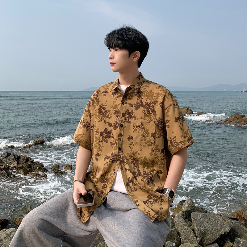 短袖花衬衫男夏季潮流痞帅海岛度假风宽松休闲垂感衬衣C508-P40,男装T恤,星座503-3（原B356）