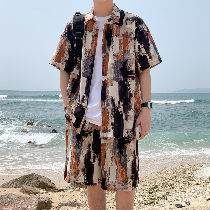 短袖衬衫夏季潮流ins泼墨上衣服两件套休闲宽松男装DZ509-P65，男装T恤，星座503-3（原B356）