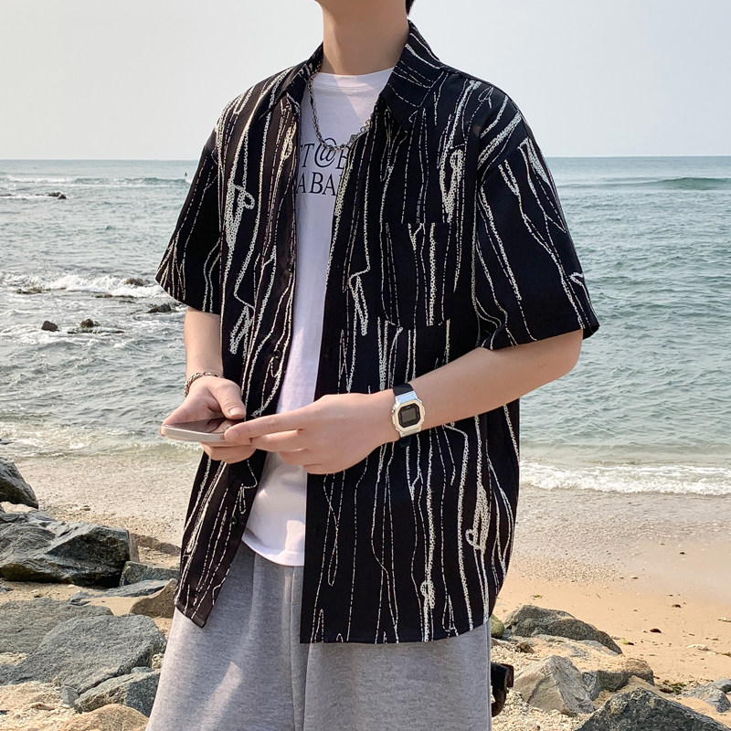 夏季新款男士短袖衬衫港风ins潮牌修身痞帅休闲衬衣上衣C505-P40,男装T恤,星座503-3（原B356）