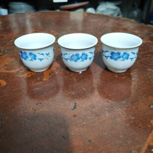 3个70年代界牌釉下彩青花描银小茶杯高白薄胎透光白酒杯老品茗杯