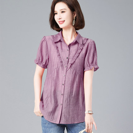 短袖衬衫女夏季2025新款中年妈妈天丝苎麻中长款宽松显瘦气质上衣