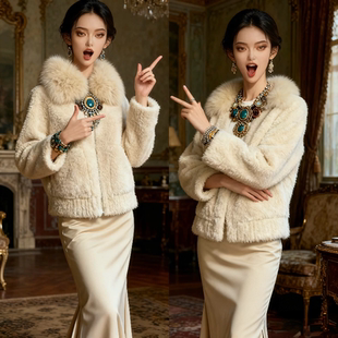 一体毛毛领unoone皮毛女羊羔秋冬 漫游加厚狐狸大衣皮草外套雪境