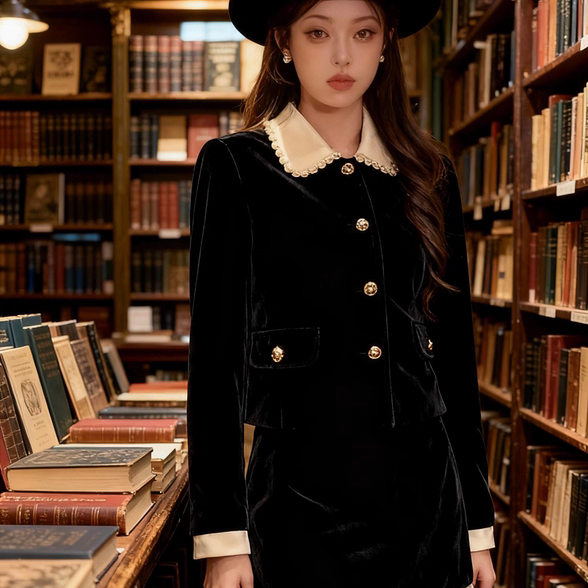 外套两件套娃娃领miu黑色富家风