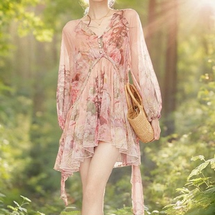 桑蚕丝超仙短裙 顺纡真丝碎花连衣裙2024春夏新款 现货 定位印花