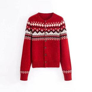 费尔岛通勤毛线衣红色圆领 毛衣圣诞2026针织撞色女装 毛新品 冬季