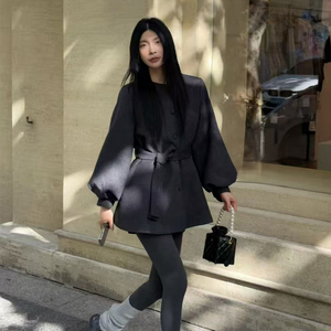 老钱风灯笼袖羽绒毛呢外套女2025冬新款系带收腰保暖显瘦气质大衣