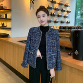 90白鸭绒高奢妖蓝小香风编织外套女2025秋冬新款 粗花呢圆领短上衣