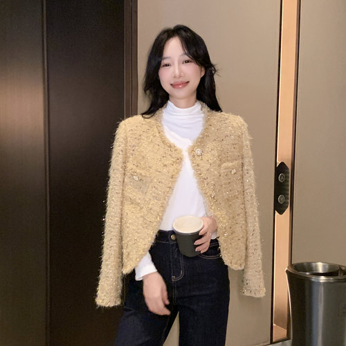 黄色小香风显瘦气质毛呢短外套女