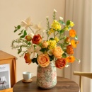 仿真花橘色玫瑰花花束假花陶瓷花瓶摆件民宿酒店插花摆设客厅装 饰