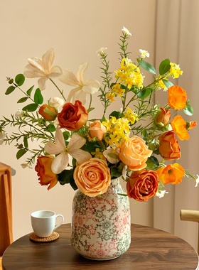 仿真花橘色玫瑰花花束假花陶瓷花瓶摆件民宿酒店插花摆设客厅装饰