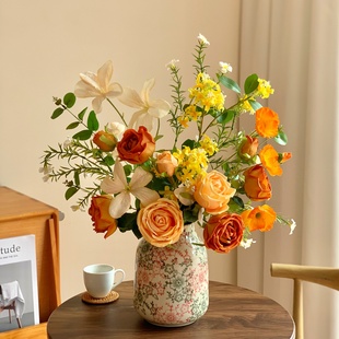 仿真花橘色玫瑰花花束假花陶瓷花瓶摆件民宿酒店插花摆设客厅装饰