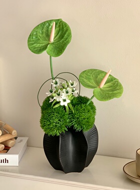 绿色仿真花花束黑色杨桃花瓶摆件