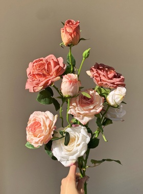 仿真花焦边玫瑰假花绢花摆件多头月季花花束高级感客厅摆件装饰品
