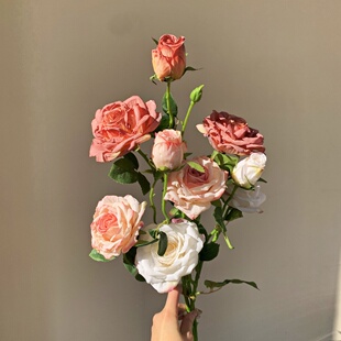 仿真花焦边玫瑰假花绢花摆件多头月季 饰品 花花束高级感客厅摆件装