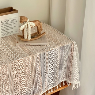 ins风长方形白色田园餐桌布复古镂空蕾丝桌布盖布圆桌圆形小台布