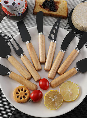 烧烤刀叉橡胶木柄芝士刀不锈钢黑色奶酪刀黄油牛油抹刀烘焙披萨刀