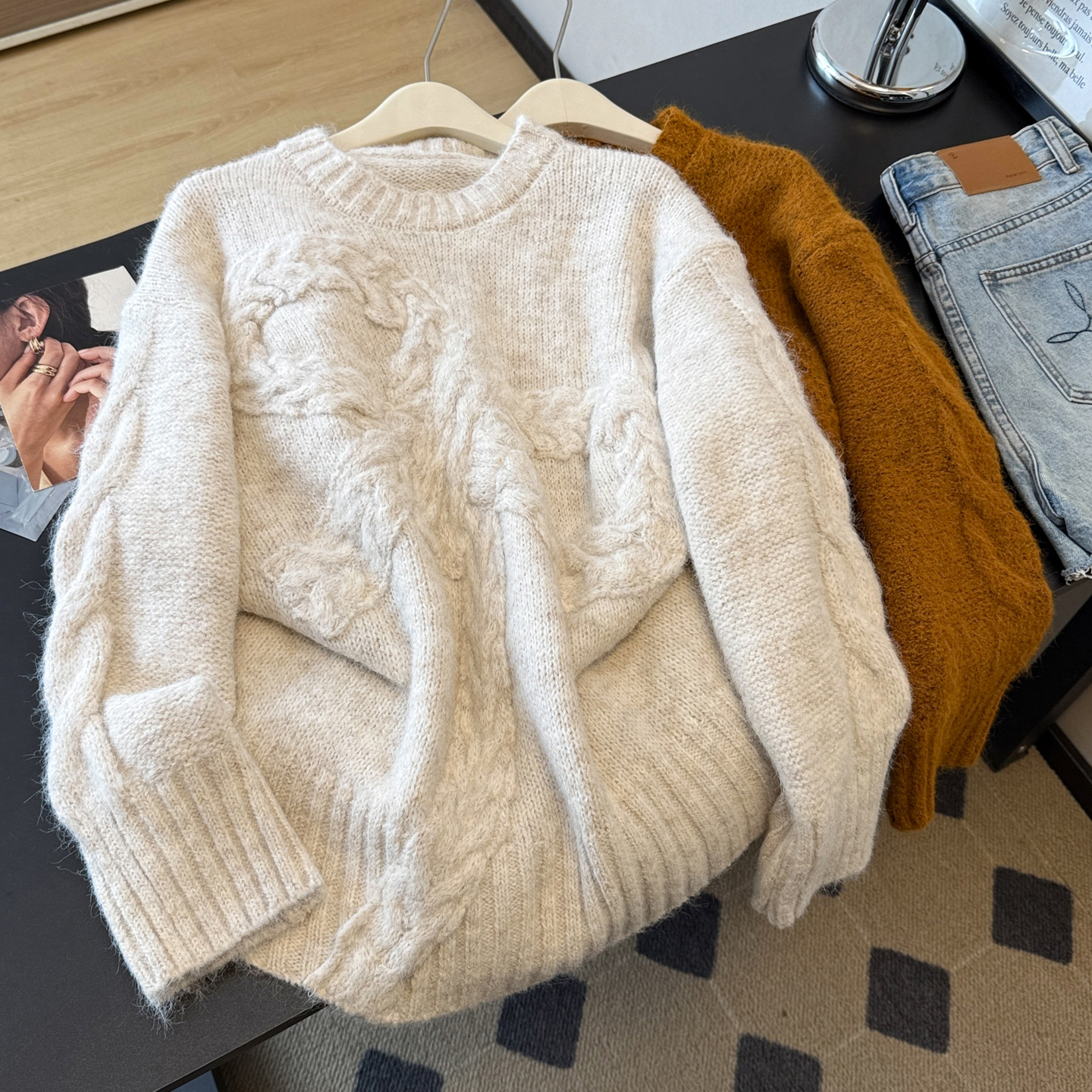 慵懒风立体蝴蝶结毛衣秋冬新款宽松高级氛围感套头纯色针织衫上衣